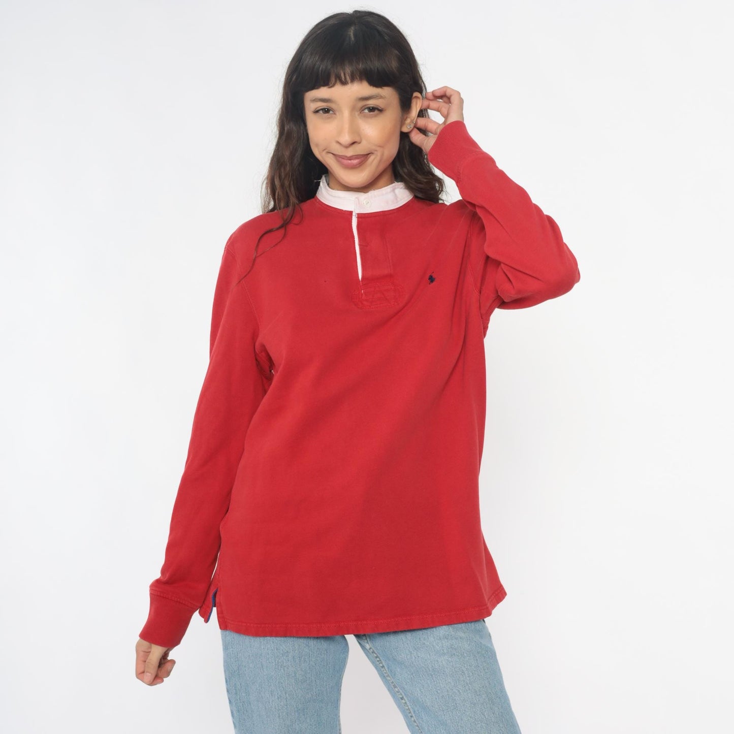 90s Polo Ralph Lauren Red Rugby Shirt White Collar Cotton Medium M