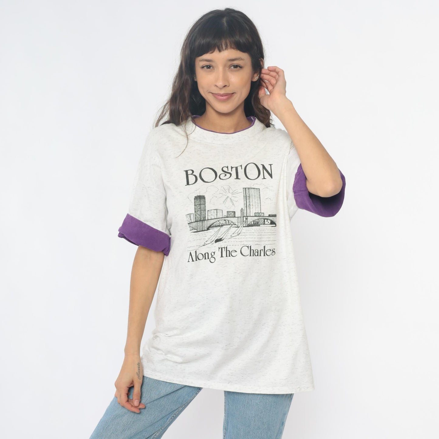 90s Boston Along The Charles River Graphic Tee Purple Ringer Sleeves Large