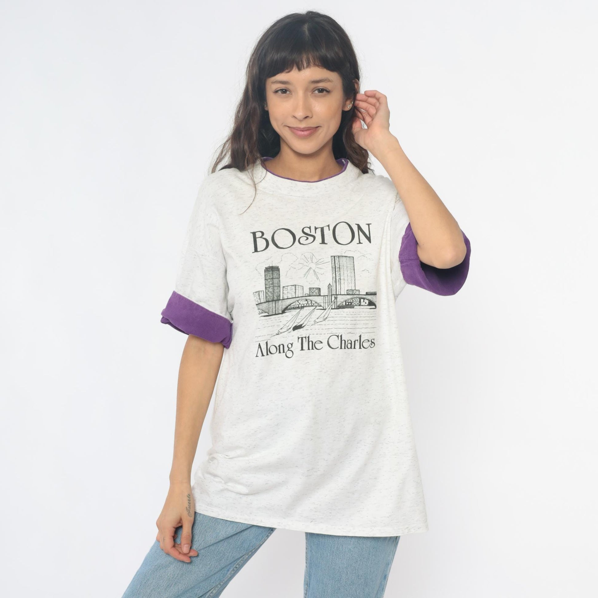 90s Boston Along The Charles River Graphic Tee Purple Ringer Sleeves Large