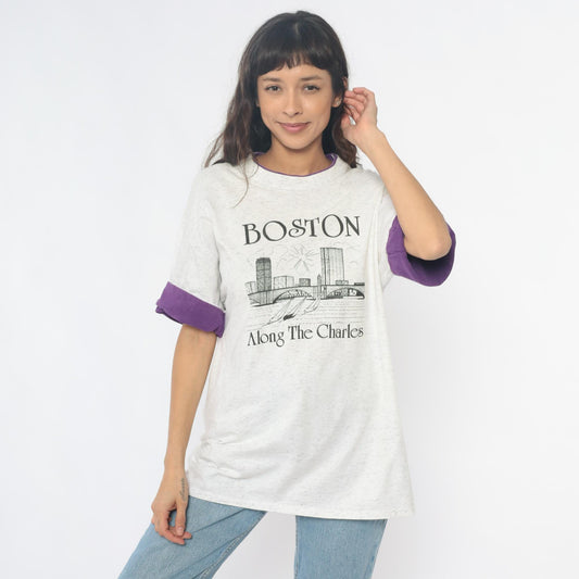 90s Boston Along The Charles River Graphic Tee Purple Ringer Sleeves Large