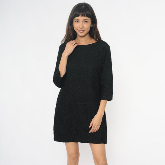 60s Black Shift Dress Boucle Boat Neckline Three-Quarter Sleeve Medium M