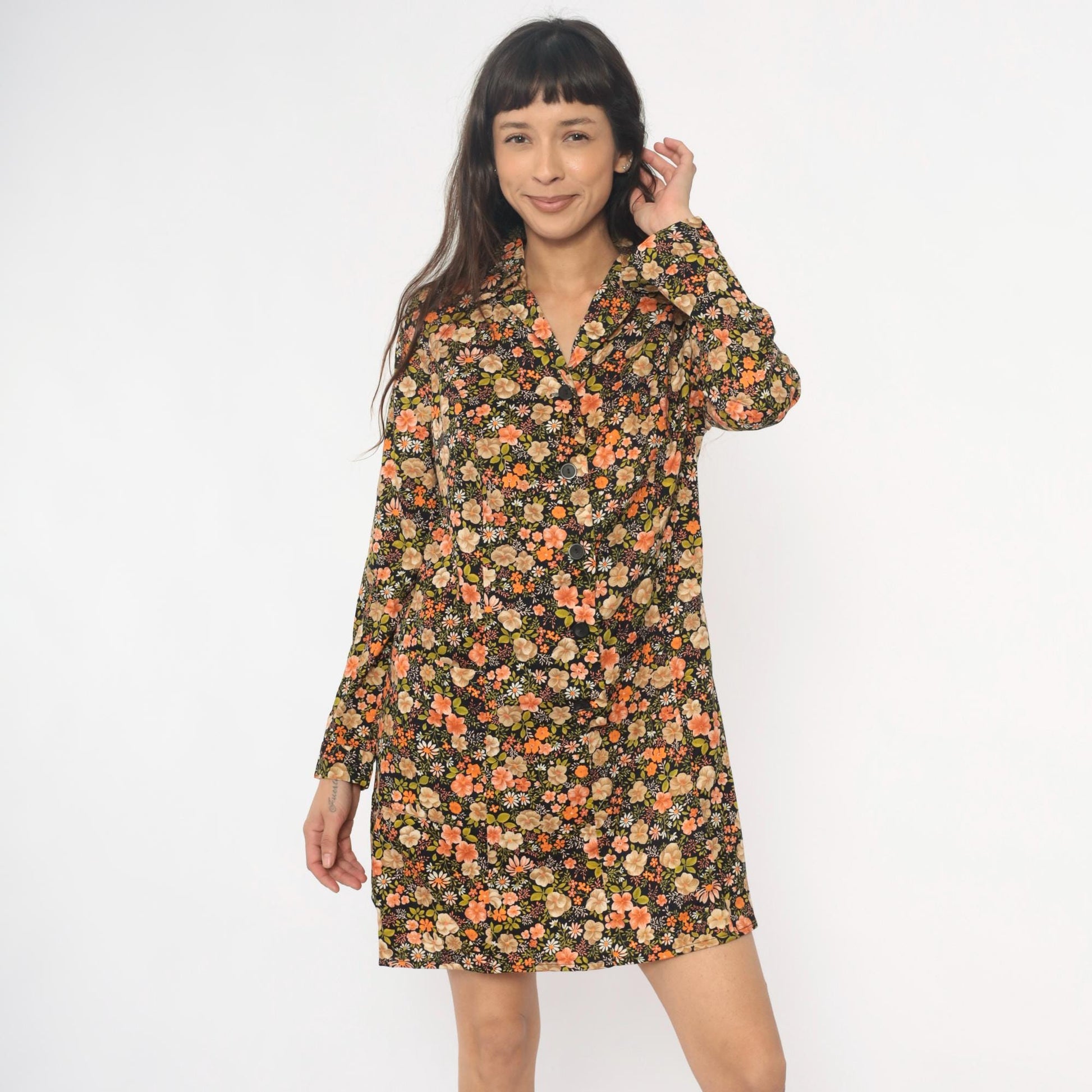 80s Laurel C Floral Shirt Dress Cotton Collared Mini Dark Botanical Large L