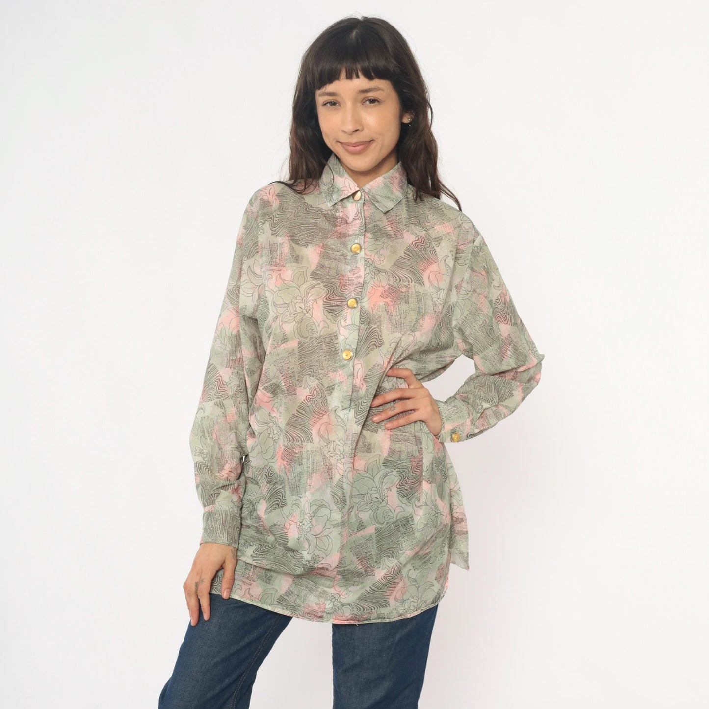 70s Abstract Floral Tunic Shirt Sage Pink Cream Button Front Medium