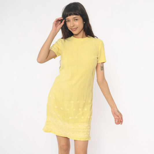 60s Yellow Mini Shift Dress Embroidered Geometric Border Short Sleeve Extra Small XS