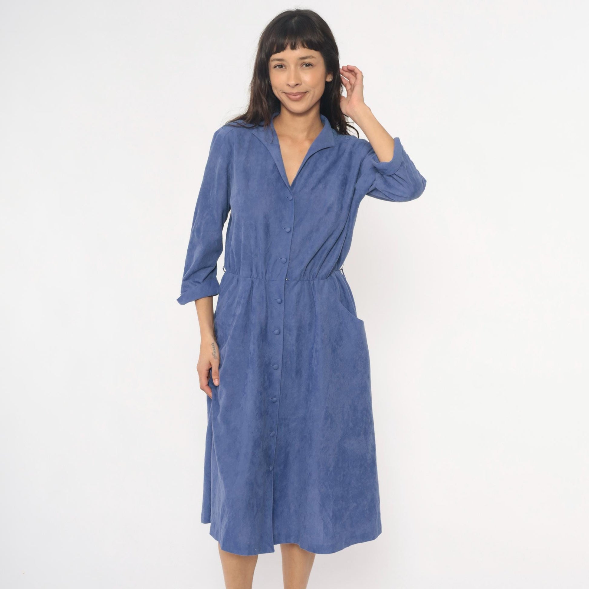 80s Petites by Willi Periwinkle Midi Dress Embroidered Collar Medium