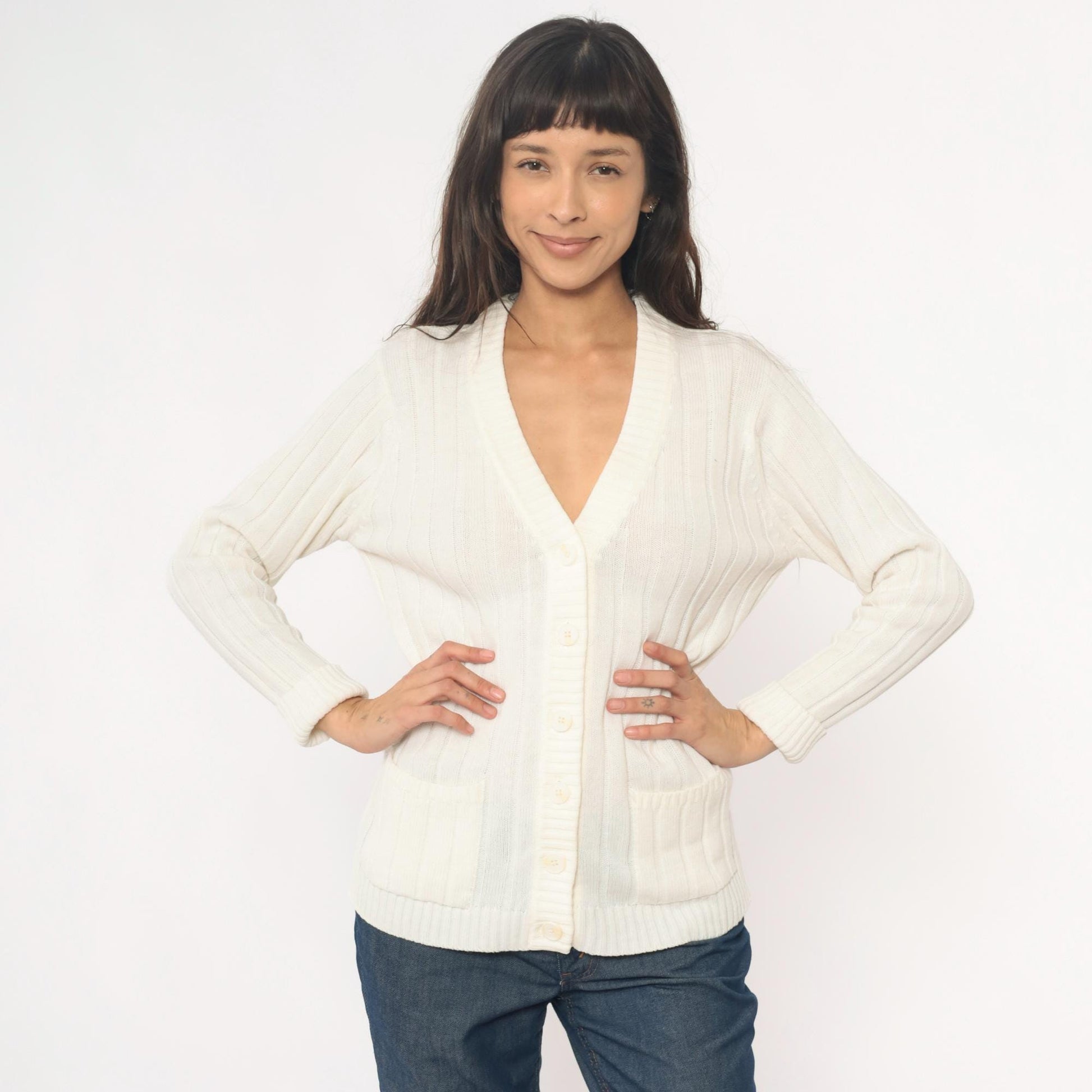 70s Cream Cable Knit Cardigan V-Neck Button Front Zayre Small