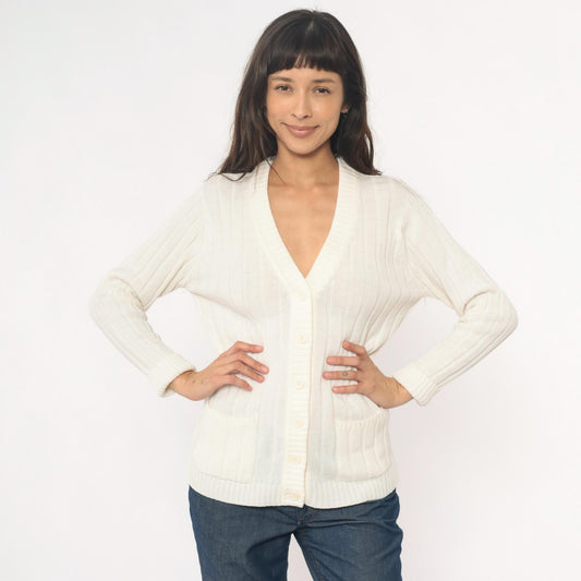 70s Cream Cable Knit Cardigan V-Neck Button Front Zayre Small