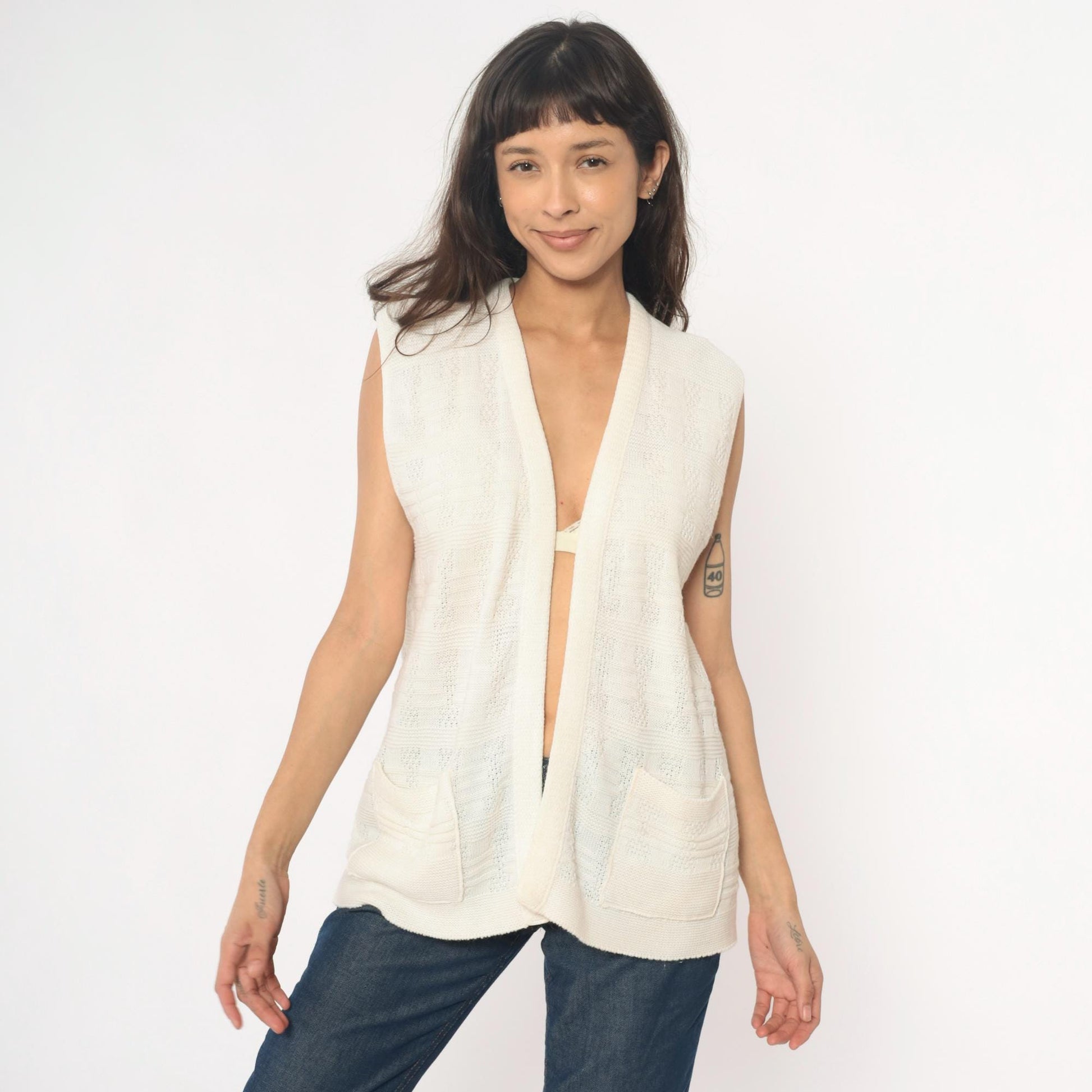 70s Cream Knit Vest Open Front Sleeveless Tank Top Small Medium