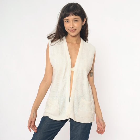 70s Cream Knit Vest Open Front Sleeveless Tank Top Small Medium