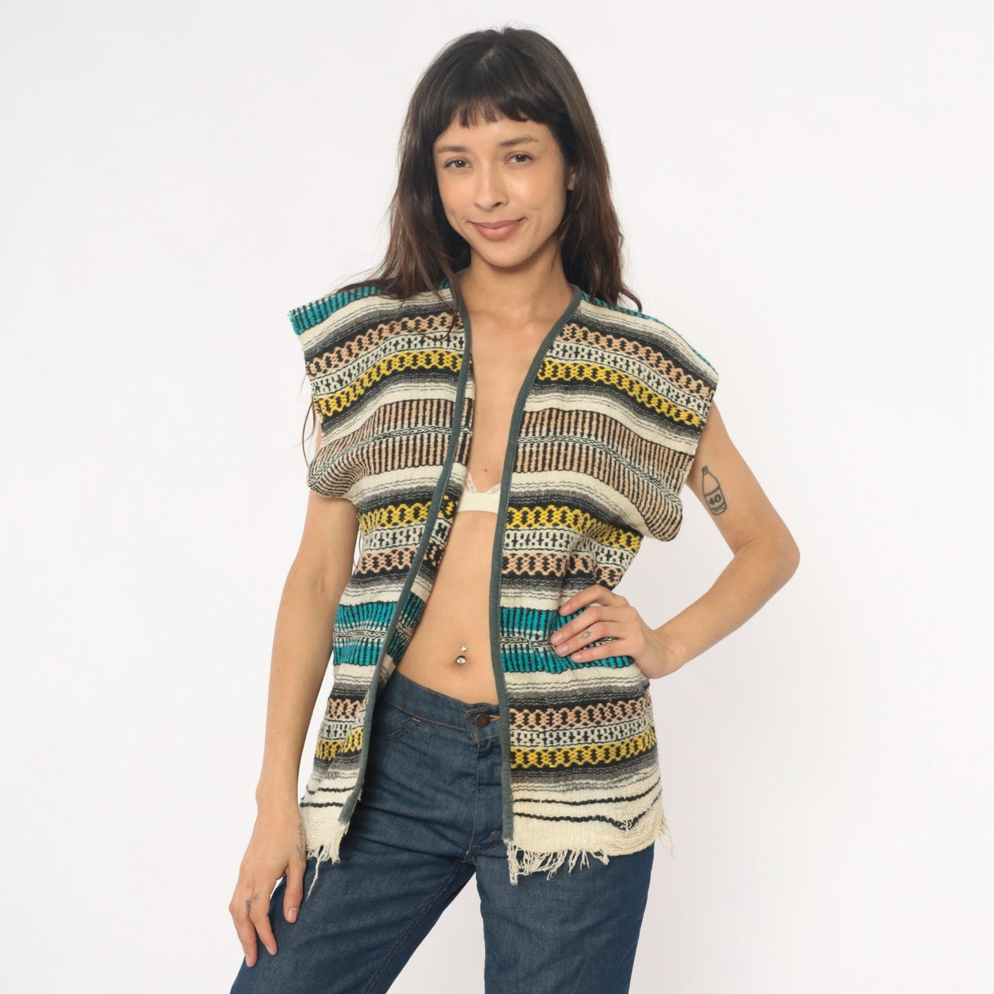 70s Mexican Serape Woven Vest Multicolor Striped Southwest Cap Sleeve Small
