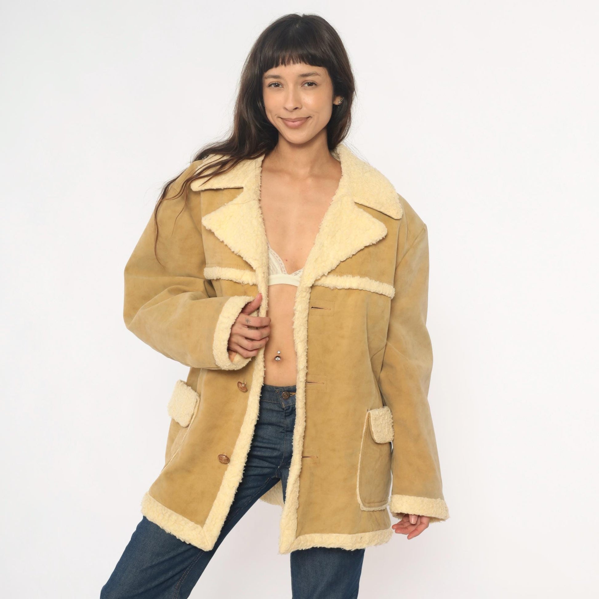 70s Wiman Tan Faux Suede Jacket Sherpa Collar Wide Notch Large