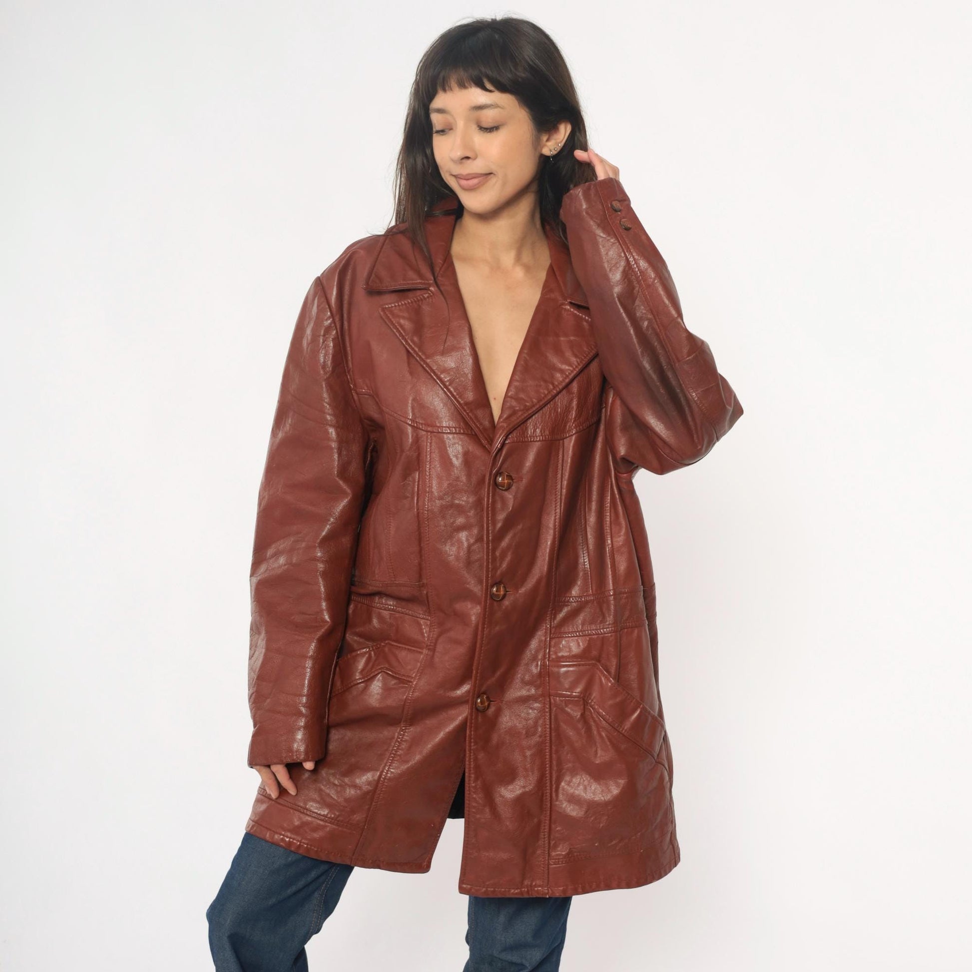70s Brown Leather Jacket Notched Collar Long Coat Burgundy Lining Extra Large