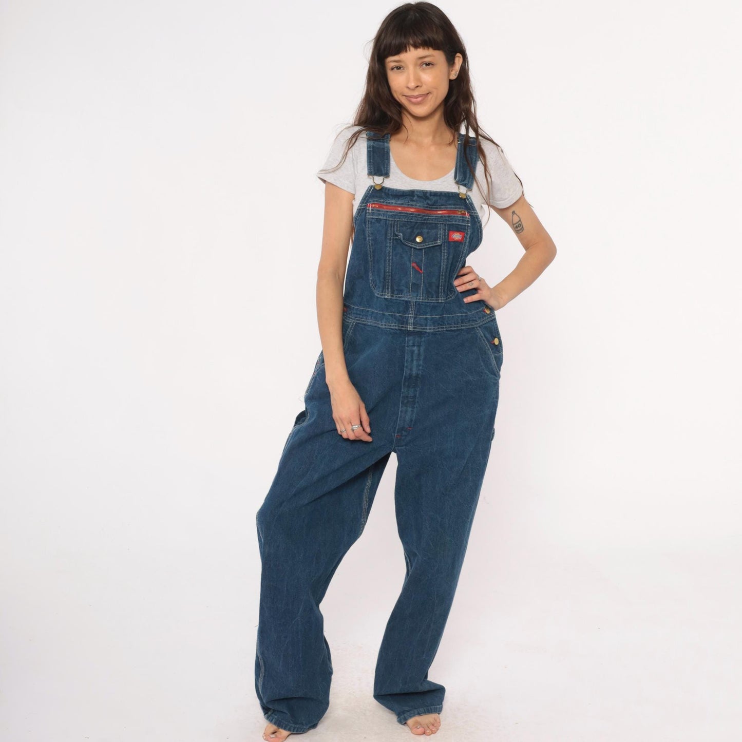 Dickies Y2K Blue Denim Overalls Bib Front Zipper Pocket Large L