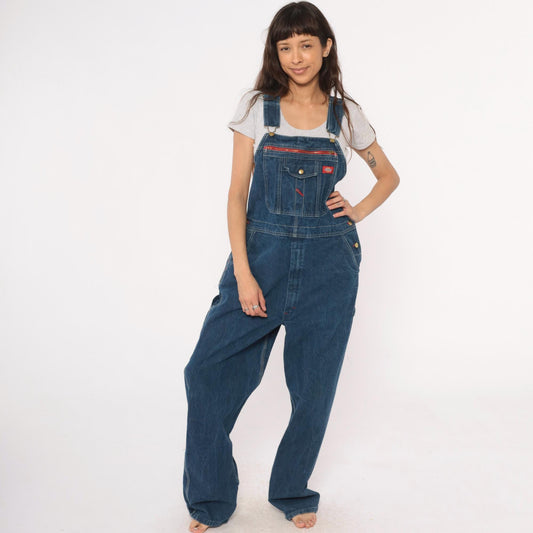 Dickies Y2K Blue Denim Overalls Bib Front Zipper Pocket Large L