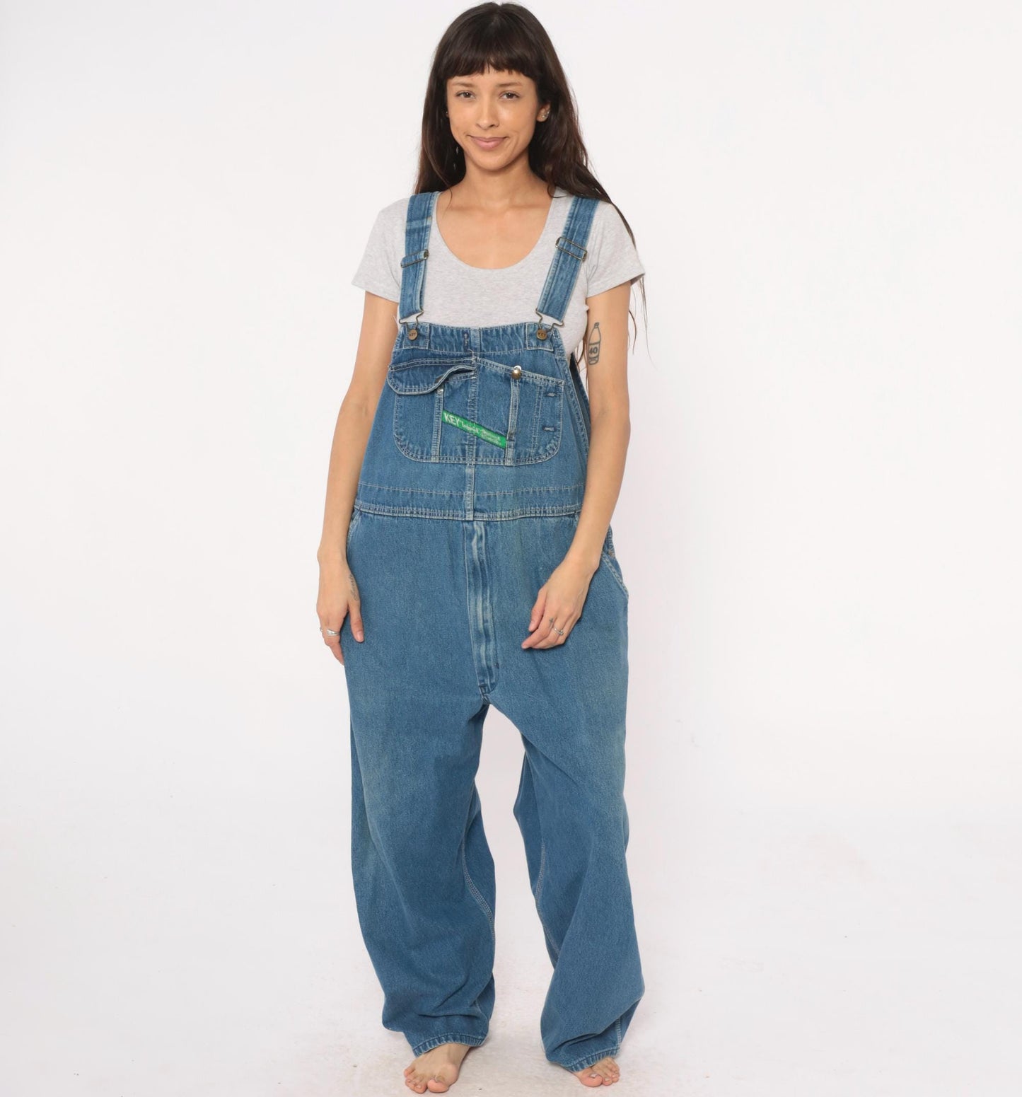 90s Key Denim Overalls Medium Blue Wide Leg Bib Dungarees Utility Pockets