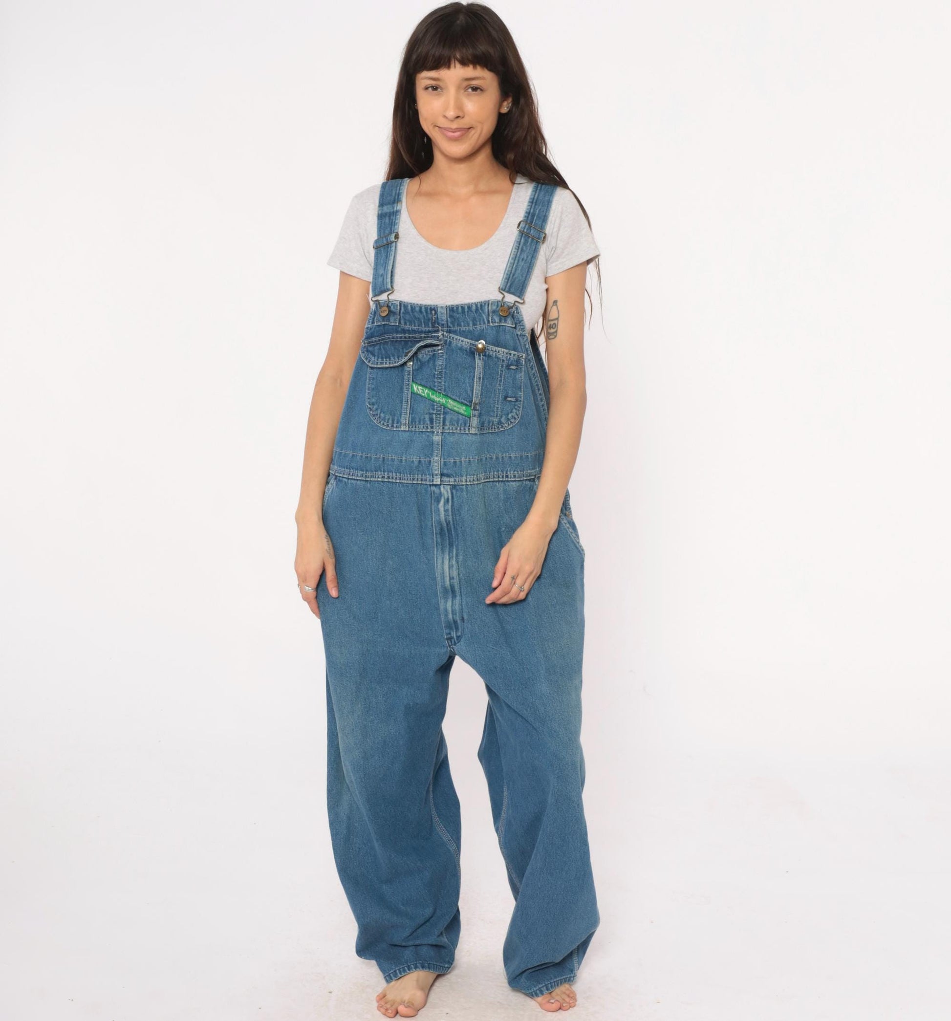 90s Key Denim Overalls Medium Blue Wide Leg Bib Dungarees Utility Pockets