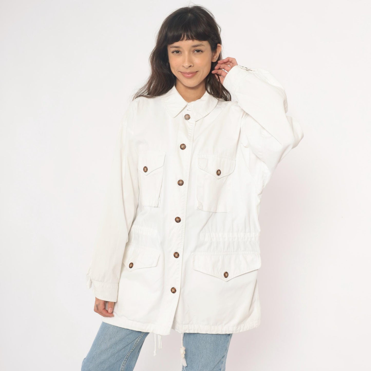 90s Adrienne Vittadini Cotton Utility Jacket Cream Pointed Collar Medium M