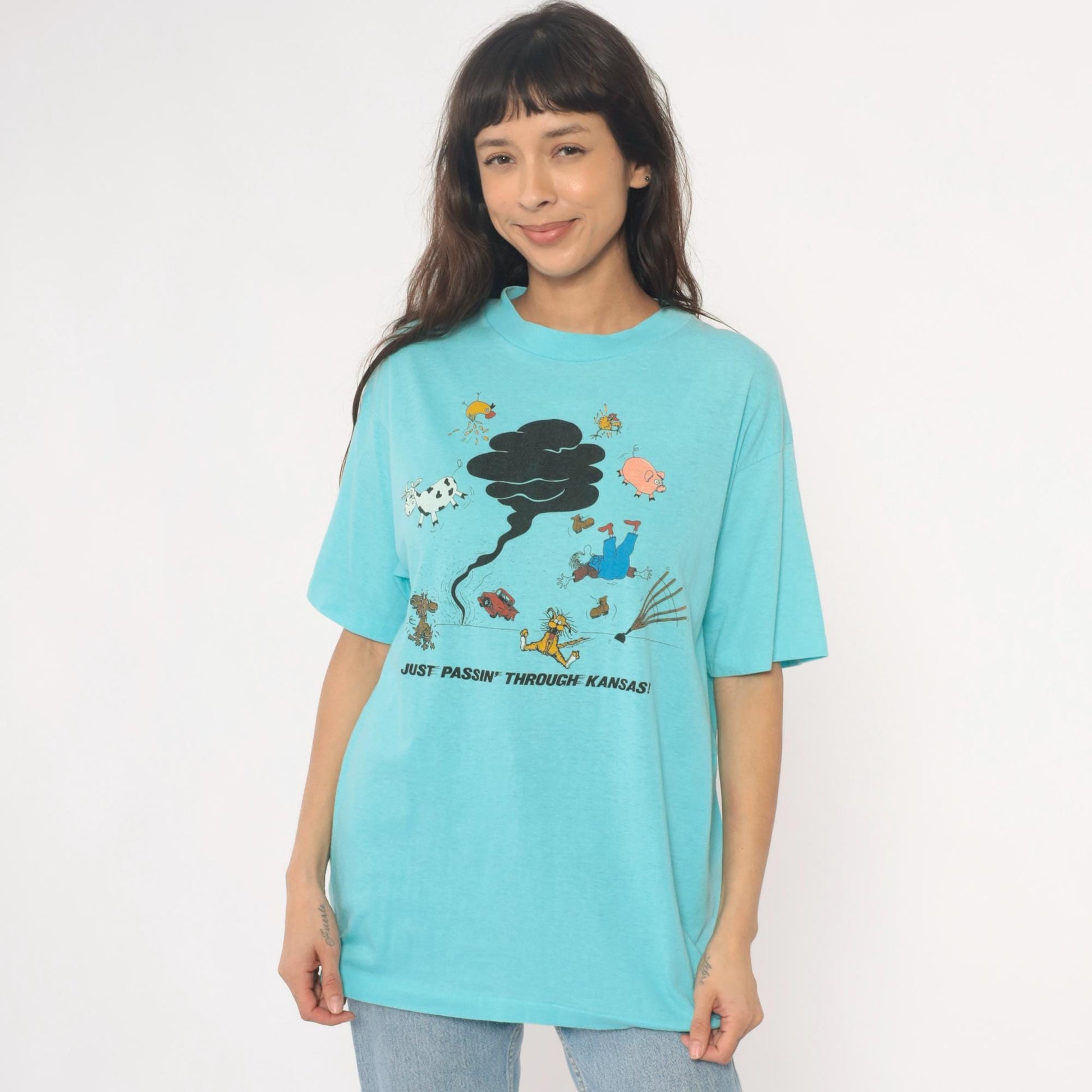 90s Anvil Kansas Tornado Graphic Tee Turquoise Cartoon Farm Animals Extra Large XL