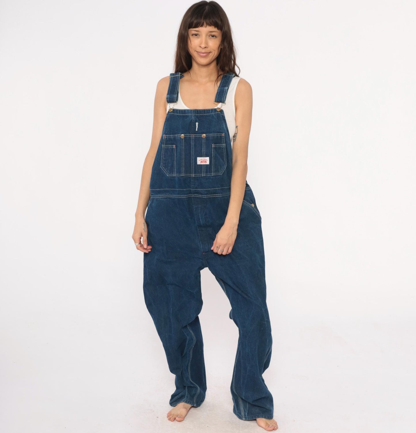 Y2K Roundhouse Dark Blue Denim Overalls Carpenter Workwear Cotton Extra Large