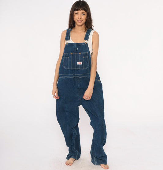 Y2K Roundhouse Dark Blue Denim Overalls Carpenter Workwear Cotton Extra Large