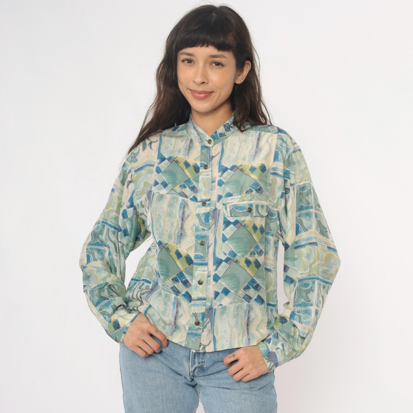 90s Silk Blouse Abstract Geometric Print Blue Green Cream Button Front Medium M
