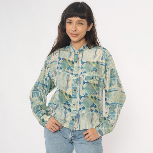 90s Silk Blouse Abstract Geometric Print Blue Green Cream Button Front Medium M