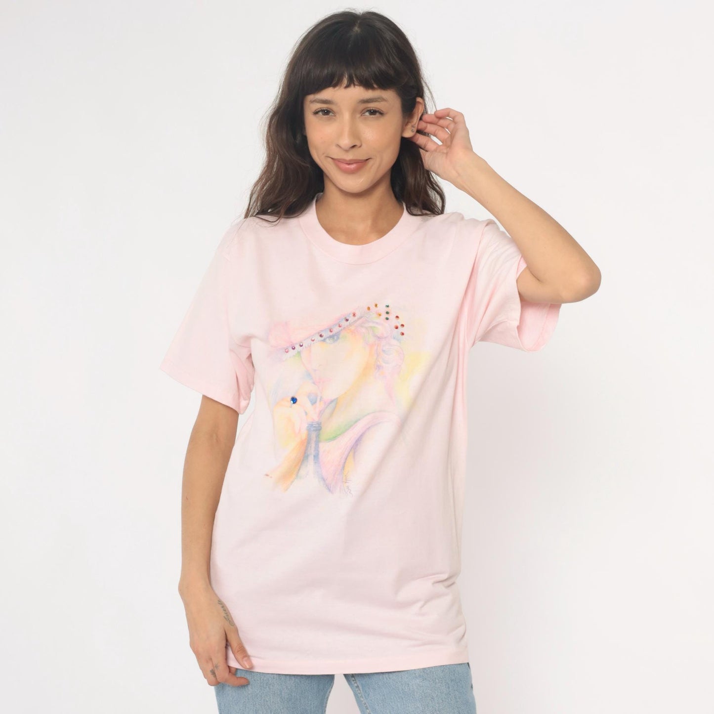 90s Oneita Pink Rhinestone Hat Lady Graphic Tee Large L