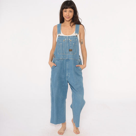 Y2K Big Smith Light Wash Denim Overalls Wide Leg Frayed Hem Medium