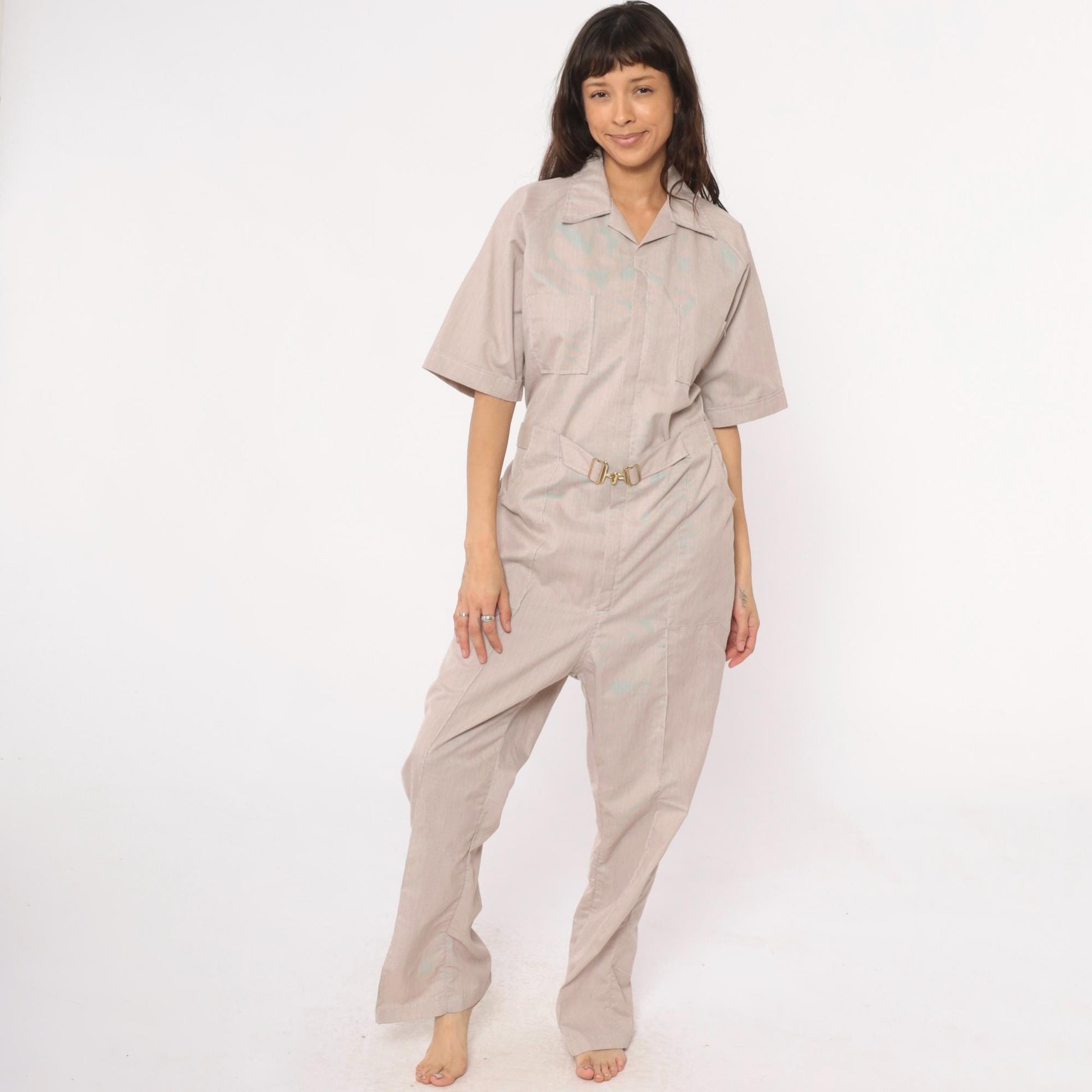 80s Beige Jumpsuit Belted Collared Utility Workwear Coveralls Medium