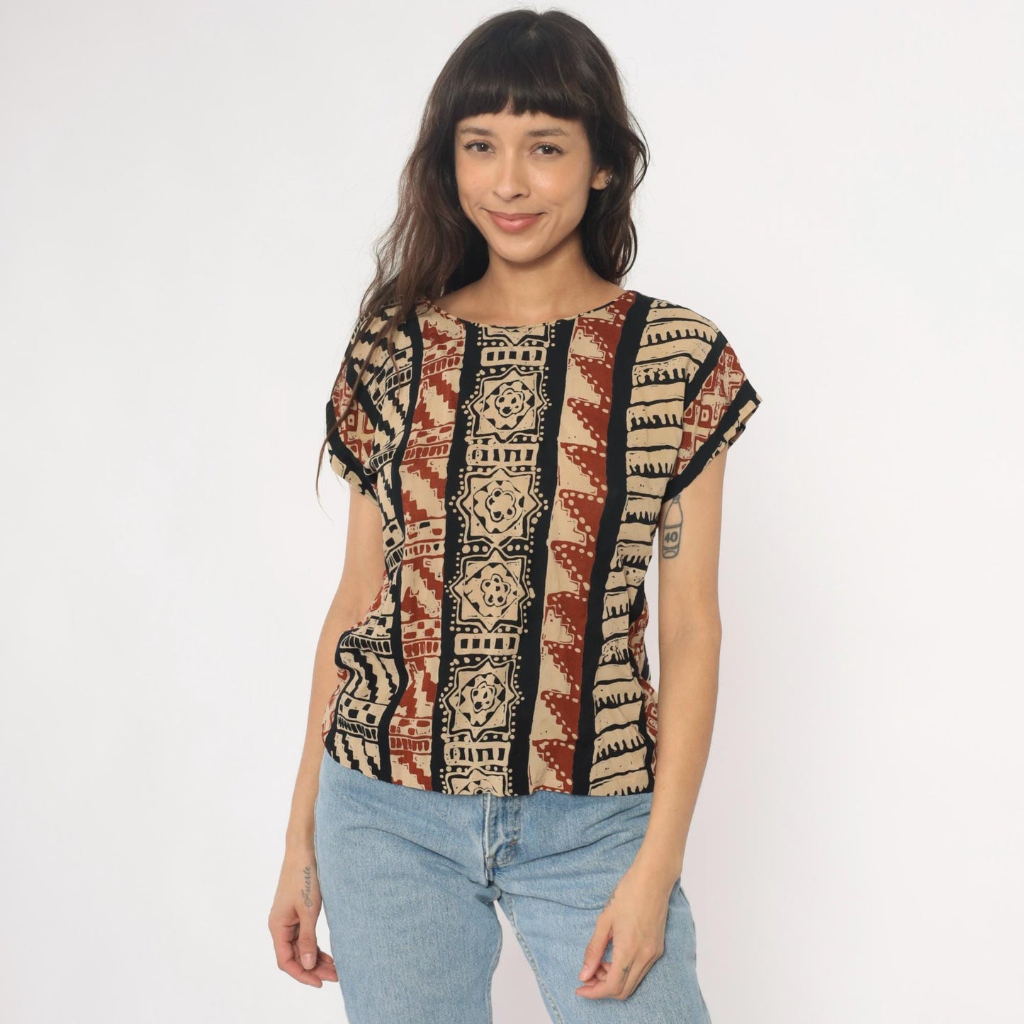 90s Lia G Petites Tribal Geometric Striped Blouse Beige Black Rust Medium