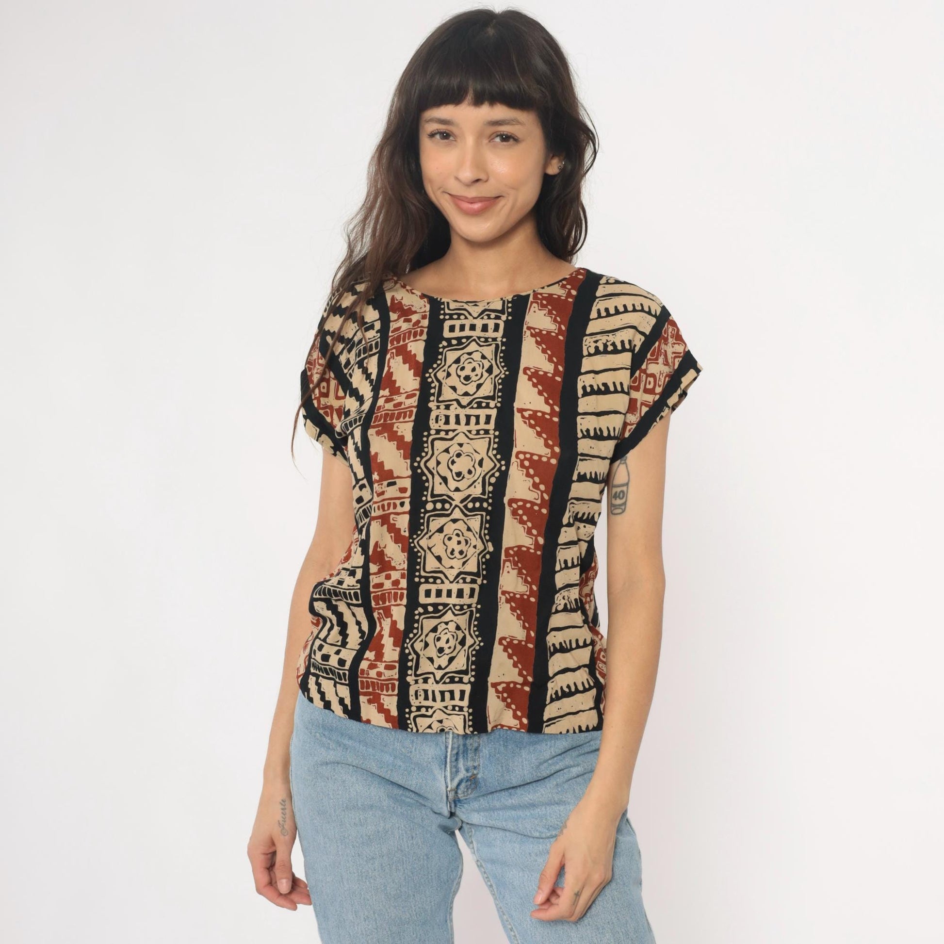 90s Lia G Petites Tribal Geometric Striped Blouse Beige Black Rust Medium