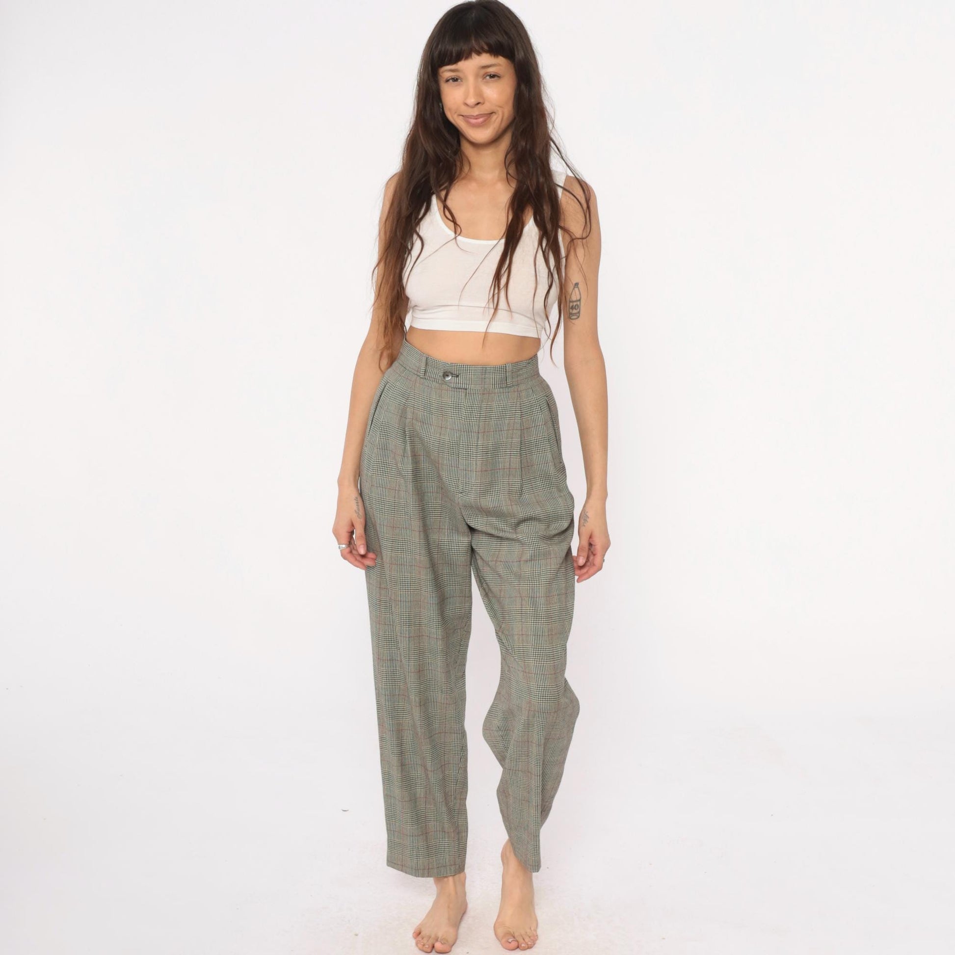80s Barry Bricken Wool Plaid High-Waisted Trousers Grey Small S