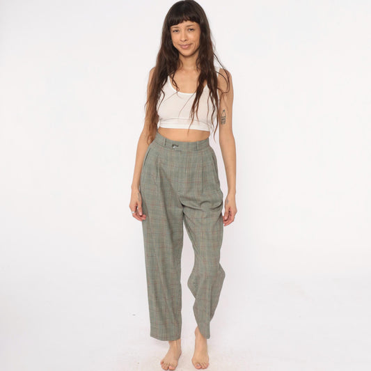 80s Barry Bricken Wool Plaid High-Waisted Trousers Grey Small S