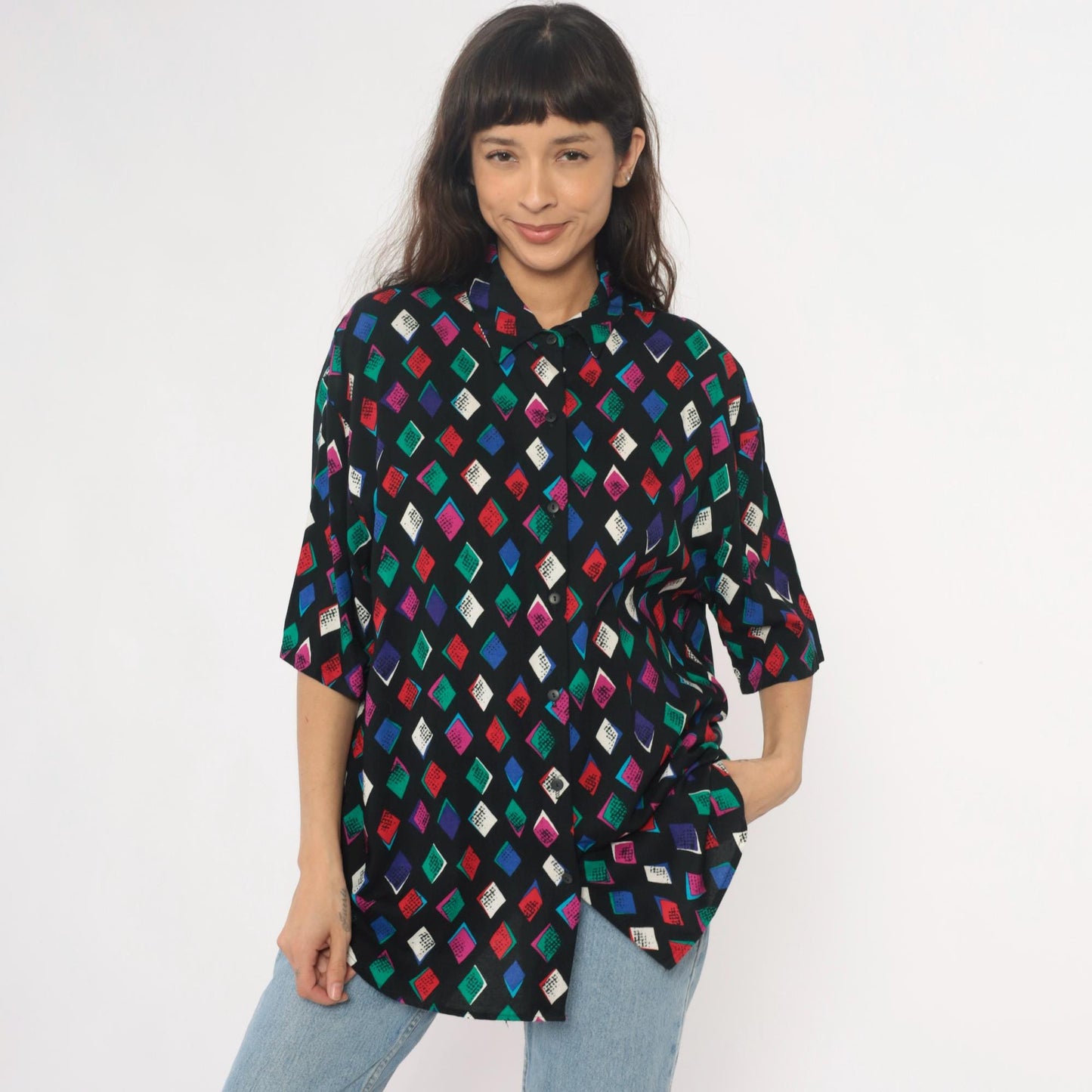 90s Black Harlequin Diamond Rayon Shirt Multicolor Button-Front Medium