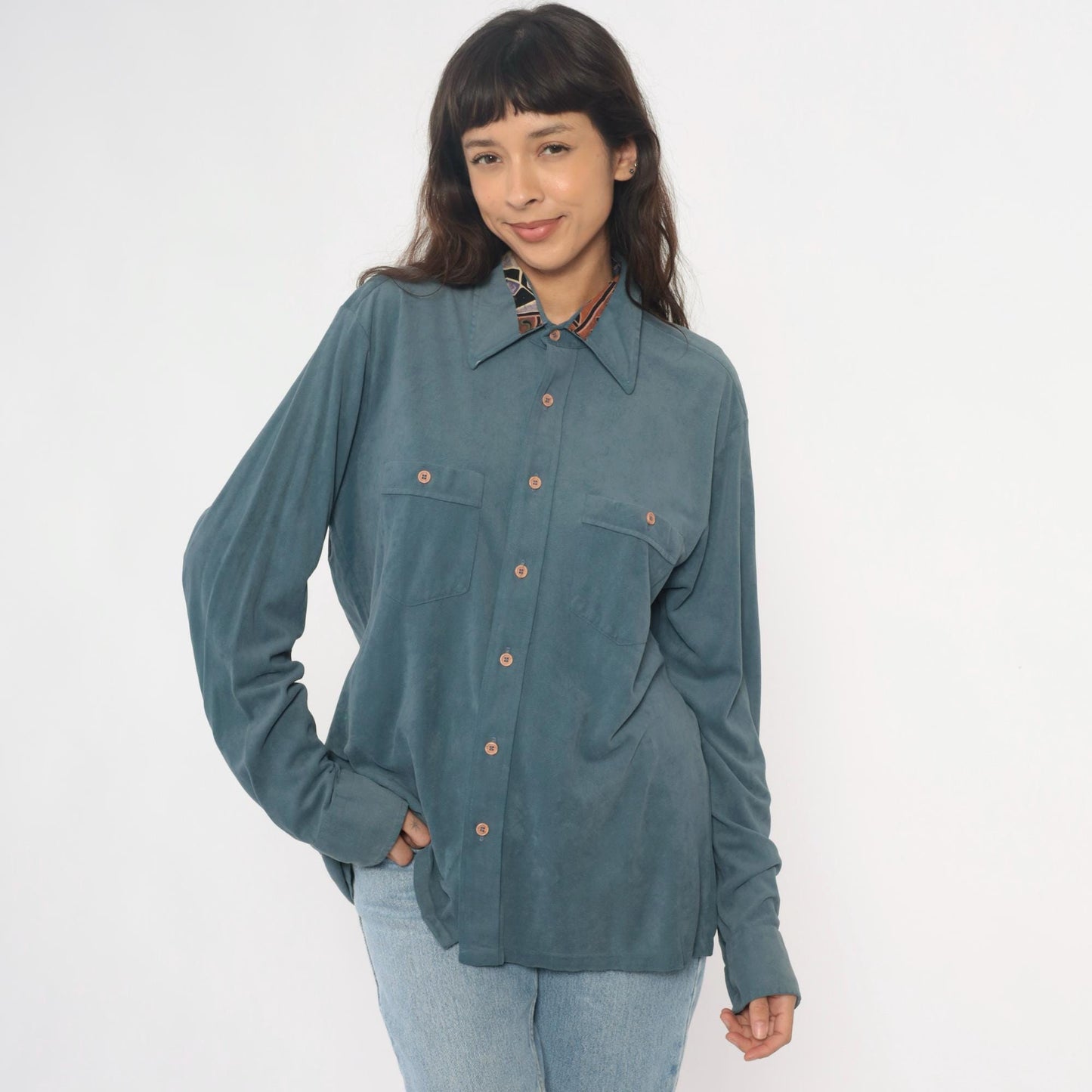 70s Macys California Blue-Teal Safari Shirt Pointed Collar Chest Pockets Large