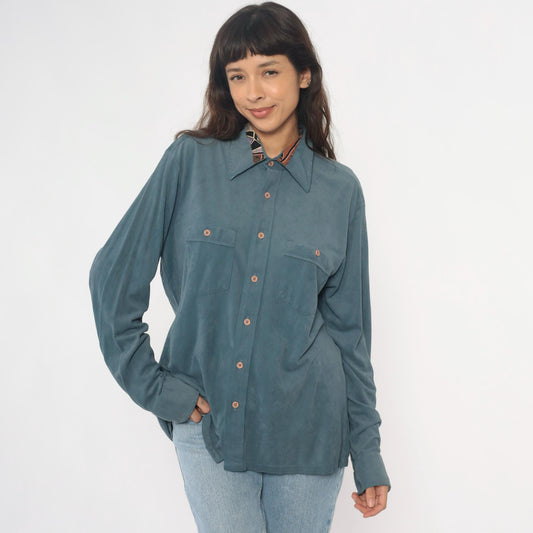 70s Macys California Blue-Teal Safari Shirt Pointed Collar Chest Pockets Large