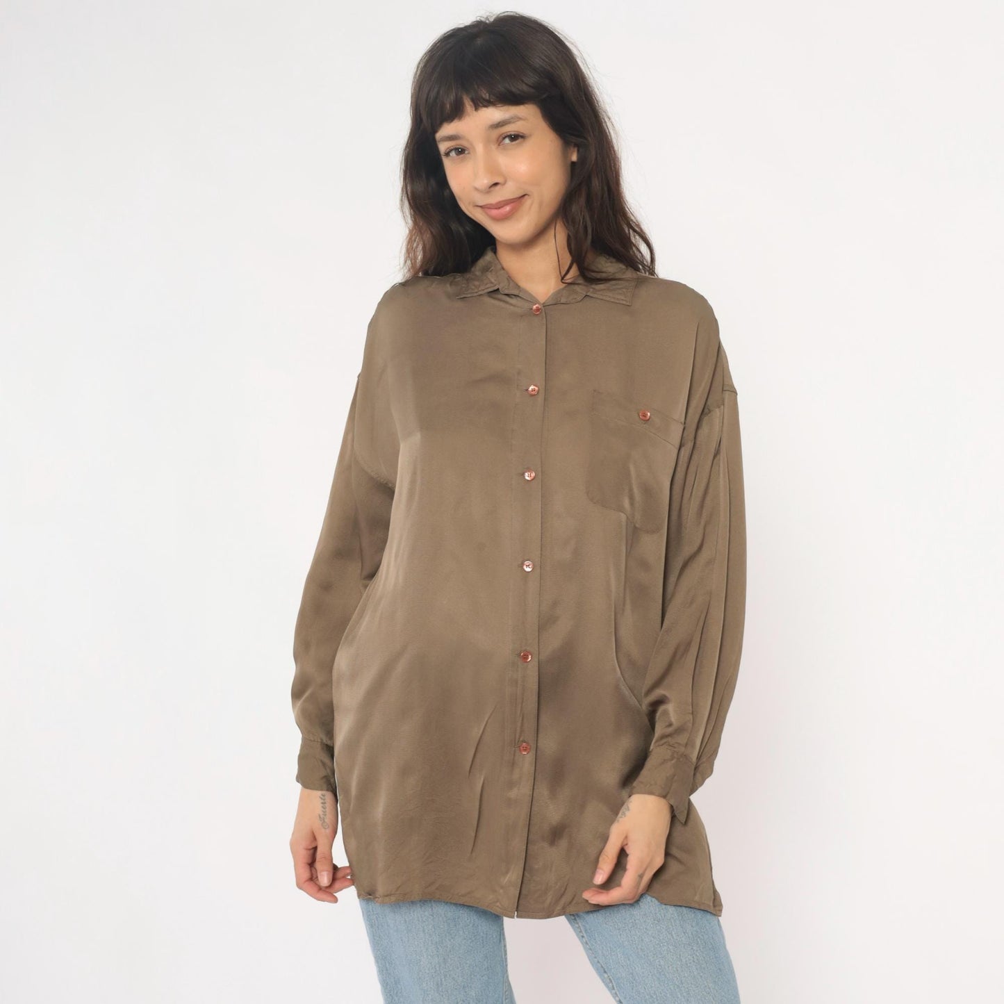 90s La Vogue Silk Button-Up Blouse Olive Chest Pocket Medium M