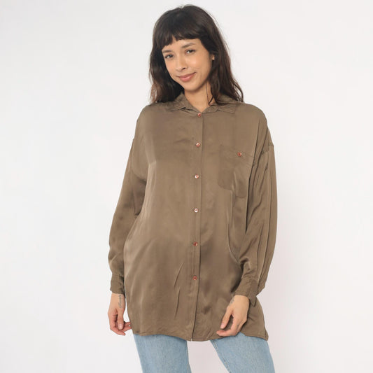 90s La Vogue Silk Button-Up Blouse Olive Chest Pocket Medium M