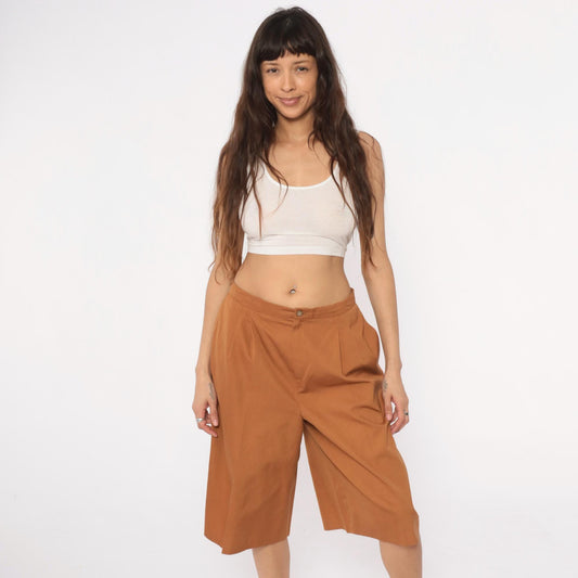 80s Camel Pleated High-Waist Shorts Tailored Wide Leg Medium