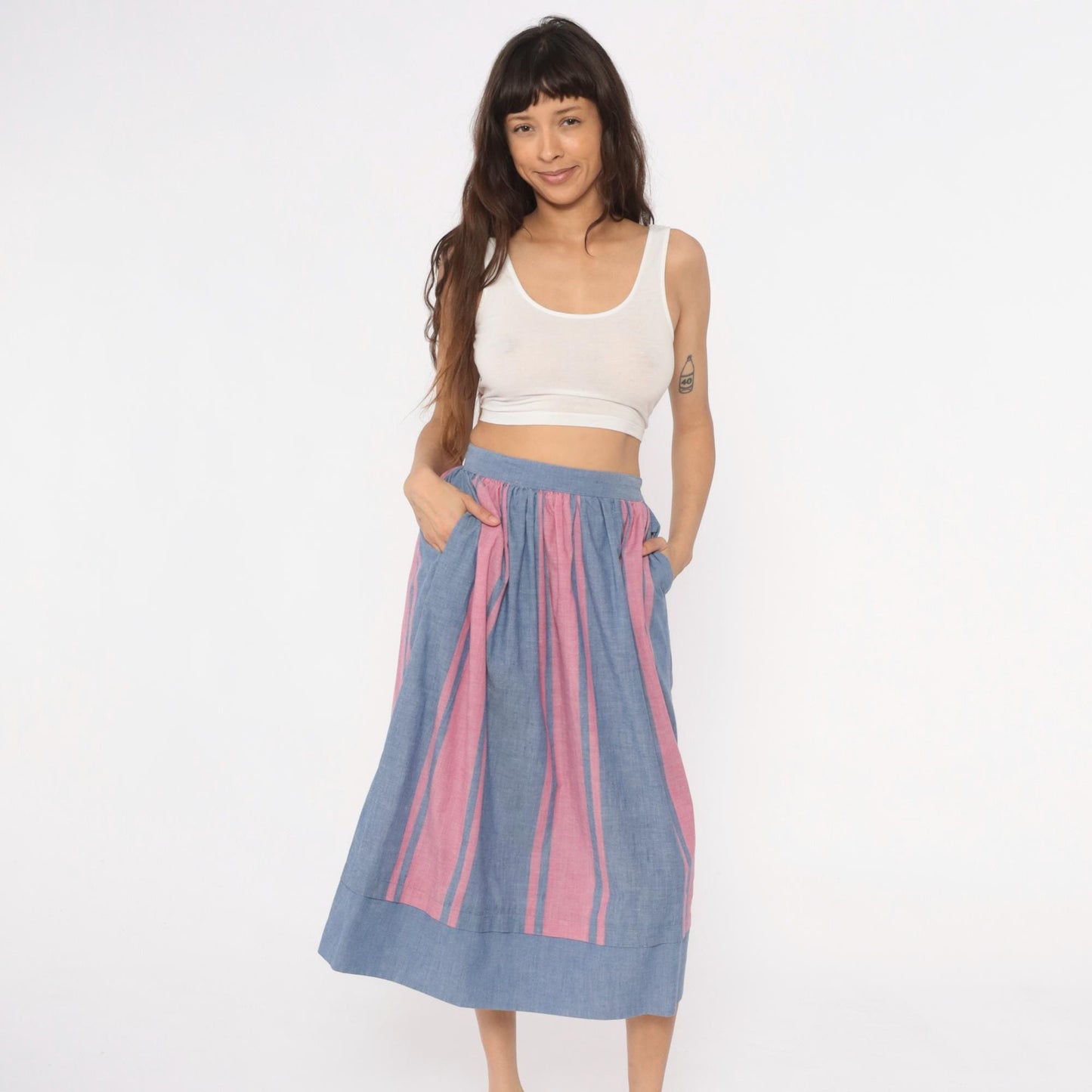 80s Blue Pink Striped Midi Skirt High Waist Gathered Full Skirt Small S