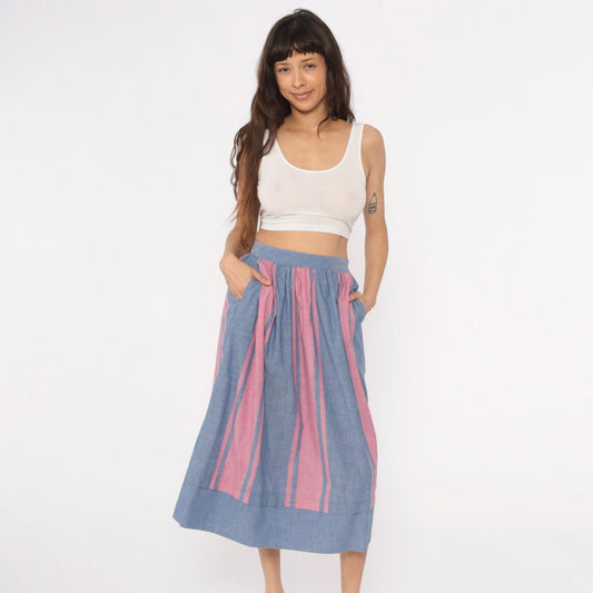 80s Blue Pink Striped Midi Skirt High Waist Gathered Full Skirt Small S