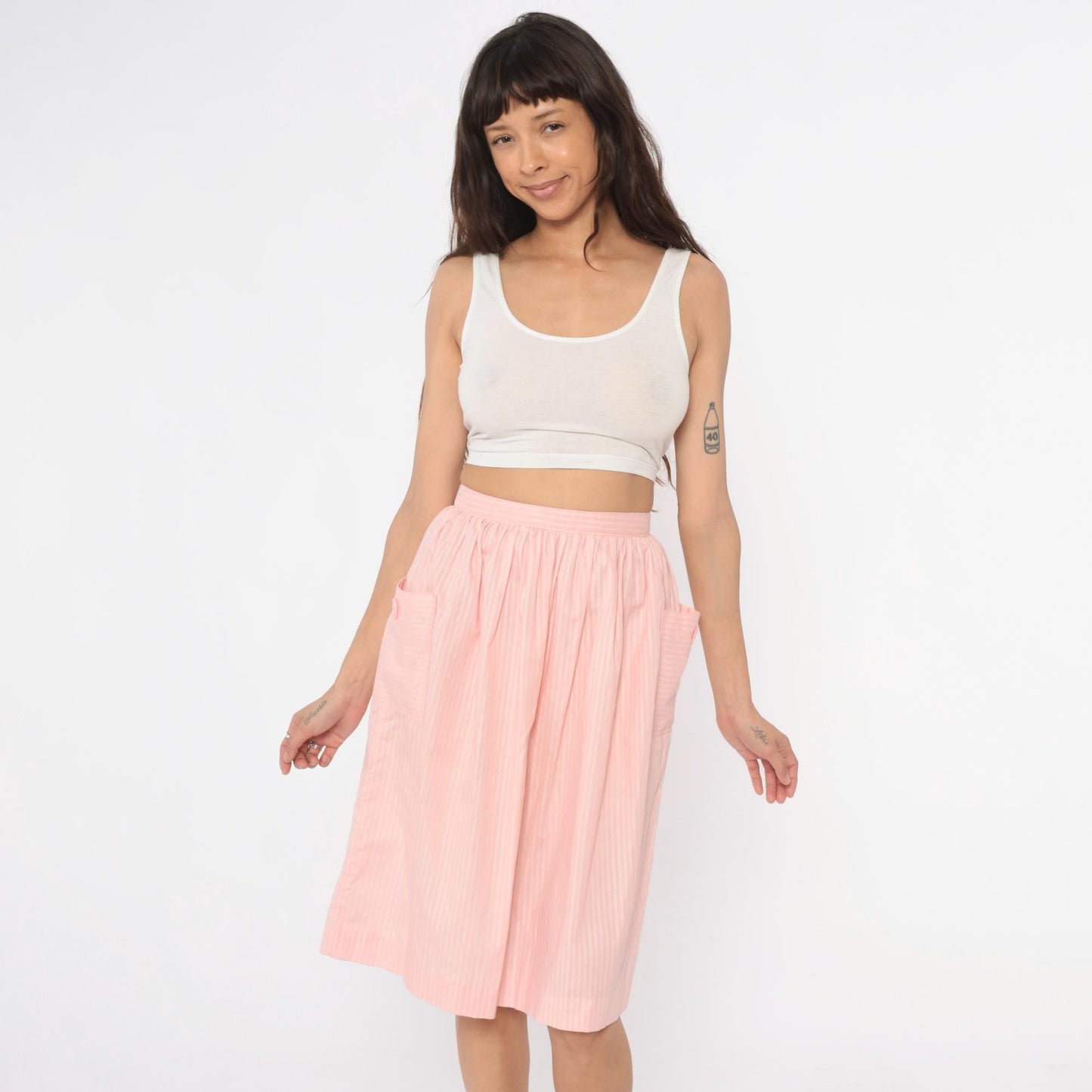 60s Pink Striped Cotton Skirt High Waist Pleated Knee Length Extra Small XS
