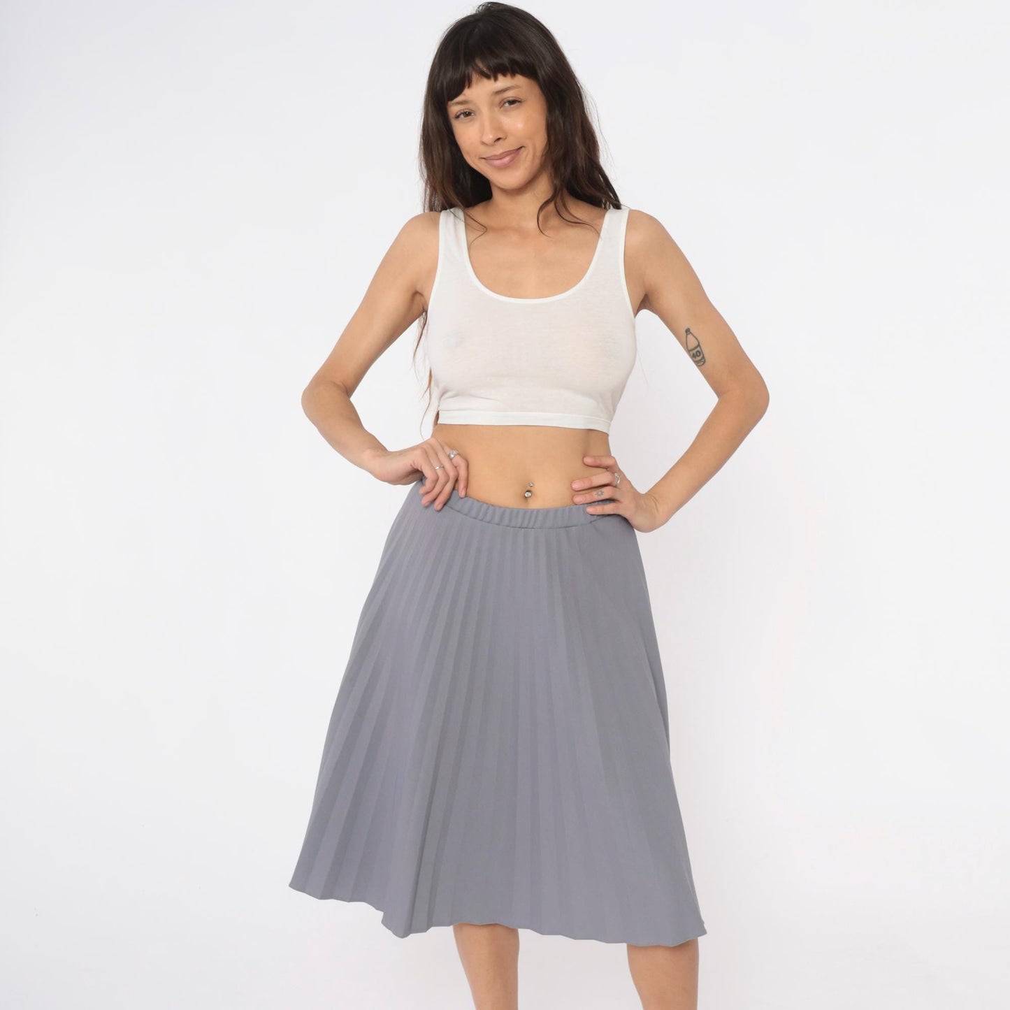 70s Grey Pleated Skirt Elastic Waist Knee-Length A-Line Medium