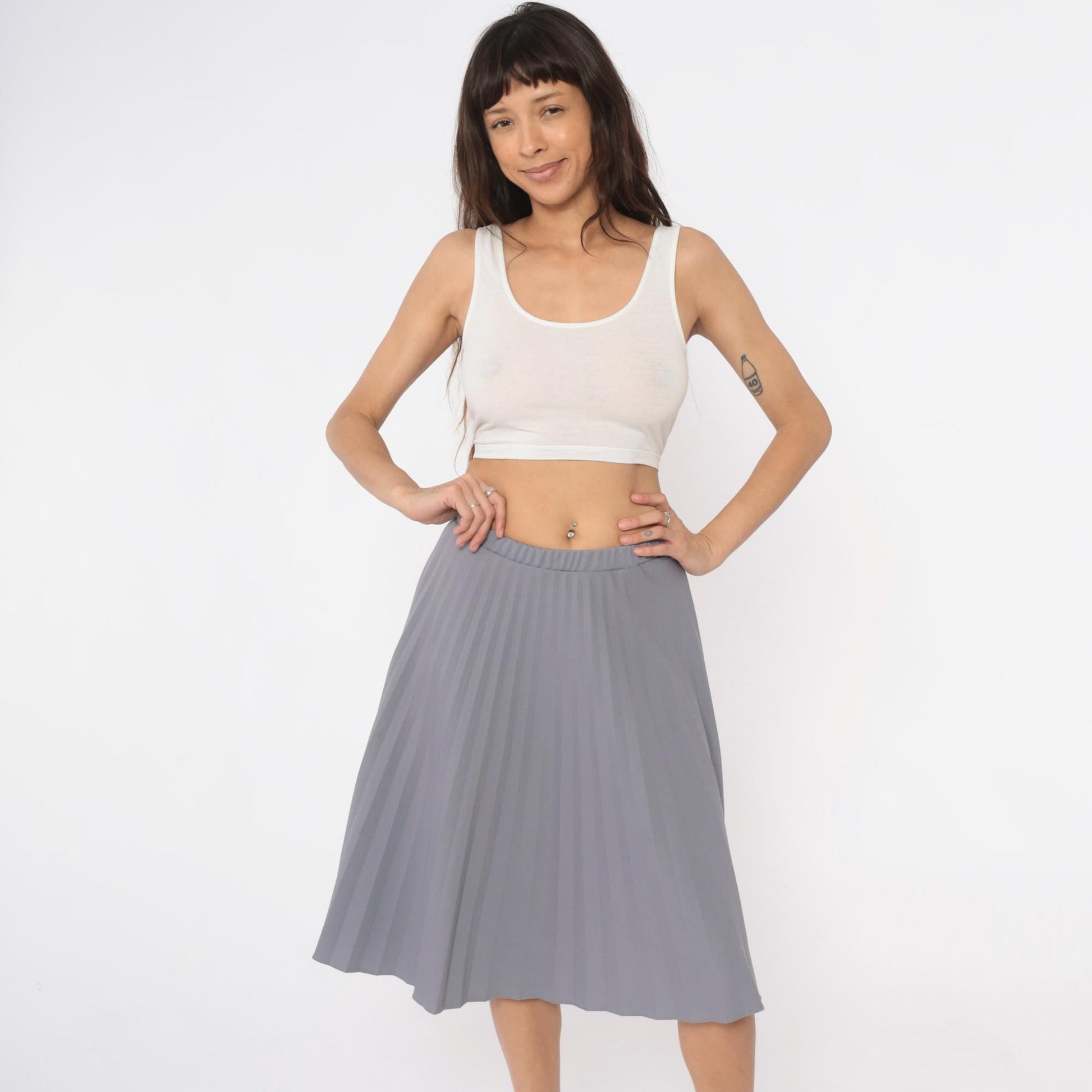 70s Grey Pleated Skirt Elastic Waist Knee-Length A-Line Medium