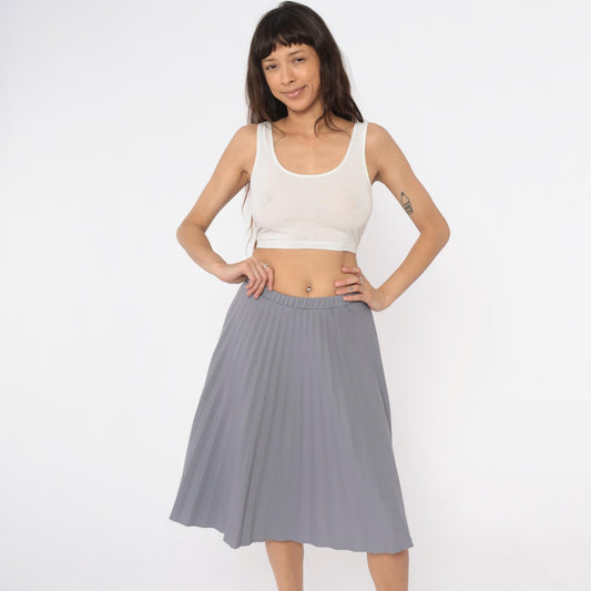 70s Grey Pleated Skirt Elastic Waist Knee-Length A-Line Medium