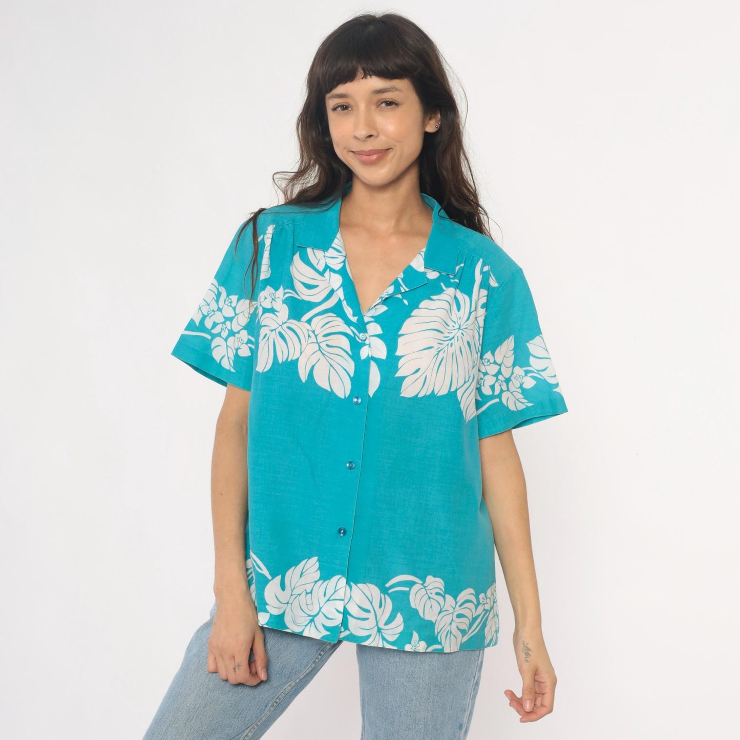 80s Hilo Hattie Hawaiian Shirt Turquoise Monstera Leaf Print Large