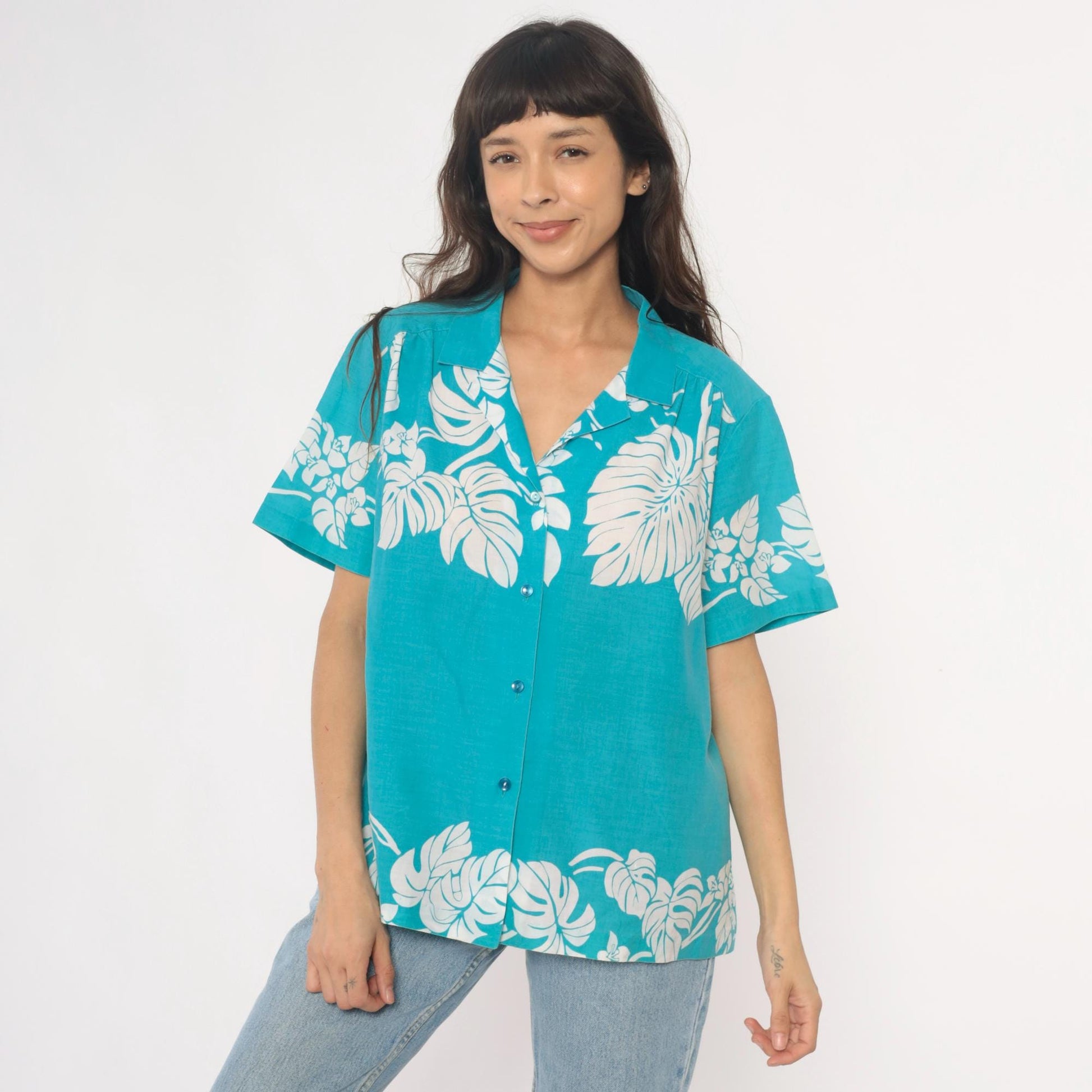 80s Hilo Hattie Hawaiian Shirt Turquoise Monstera Leaf Print Large