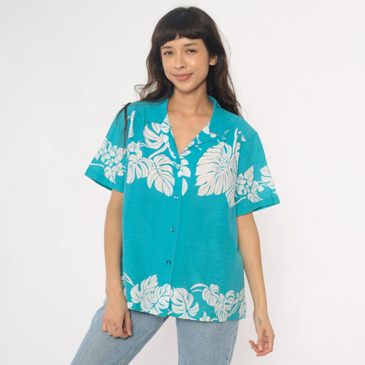 80s Hilo Hattie Hawaiian Shirt Turquoise Monstera Leaf Print Large