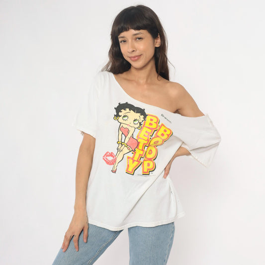 Y2K Betty Boop Graphic Tee White Cotton Off-Shoulder Distressed Extra Large