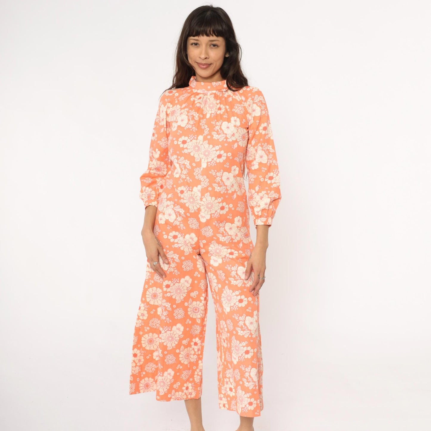 70s Orange Floral Jumpsuit Mock Neck Wide Leg Cream White Cotton Small